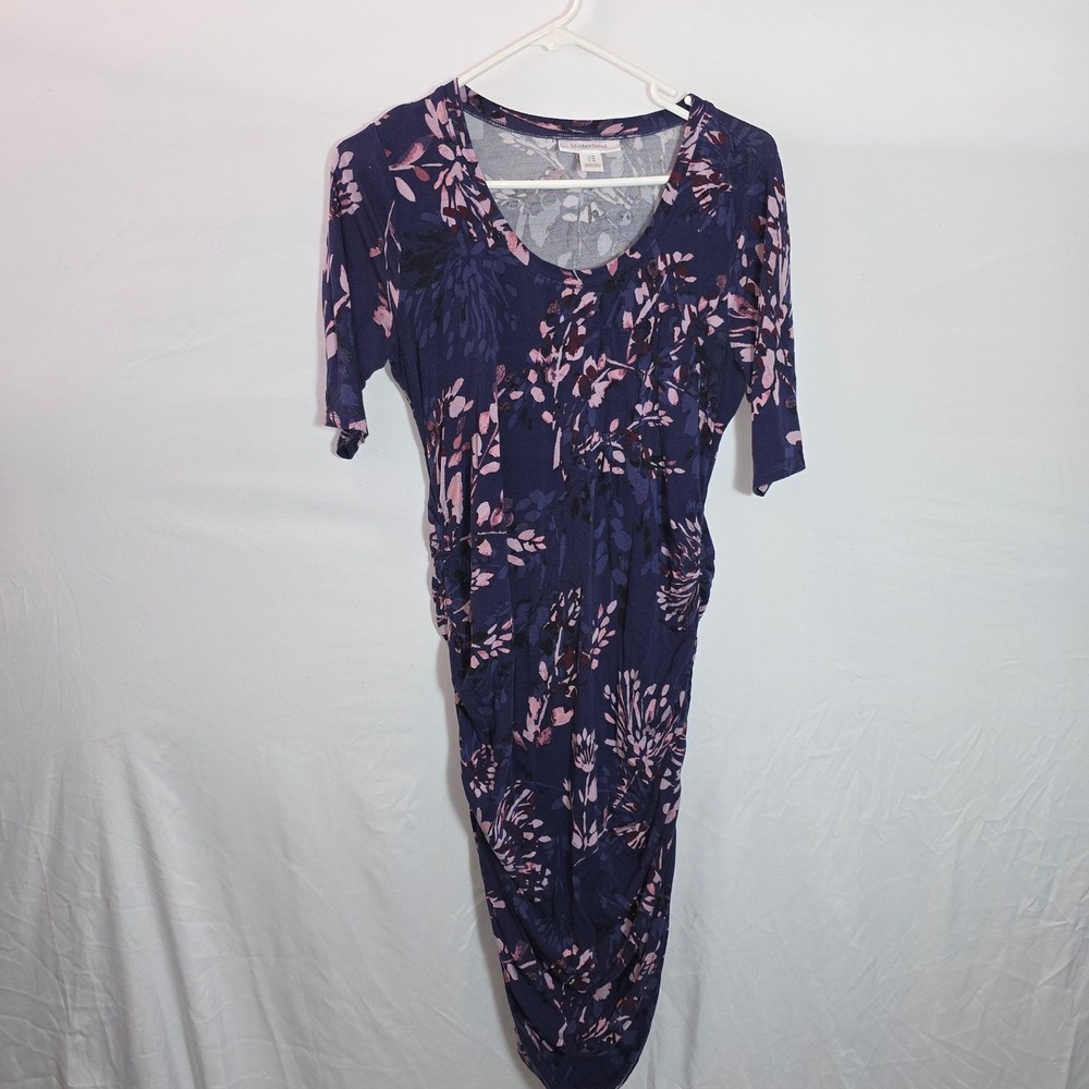 Motherhood Maternity Floral Ruched Bodycon Dress Navy Pink Medium Elbow Sleeve